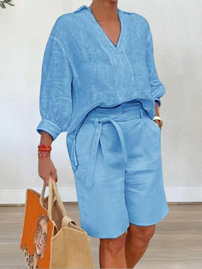 Conjunto Solto de Duas Peças de Algodão e Linho de Moda Feminina