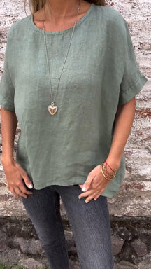 Camiseta de Algodão e Linho com Gola Redonda