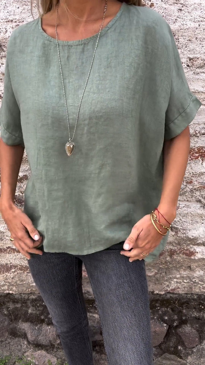 Blusa de Algodão e Linho com Gola Redonda e Mangas Curtas de Cor Sólida