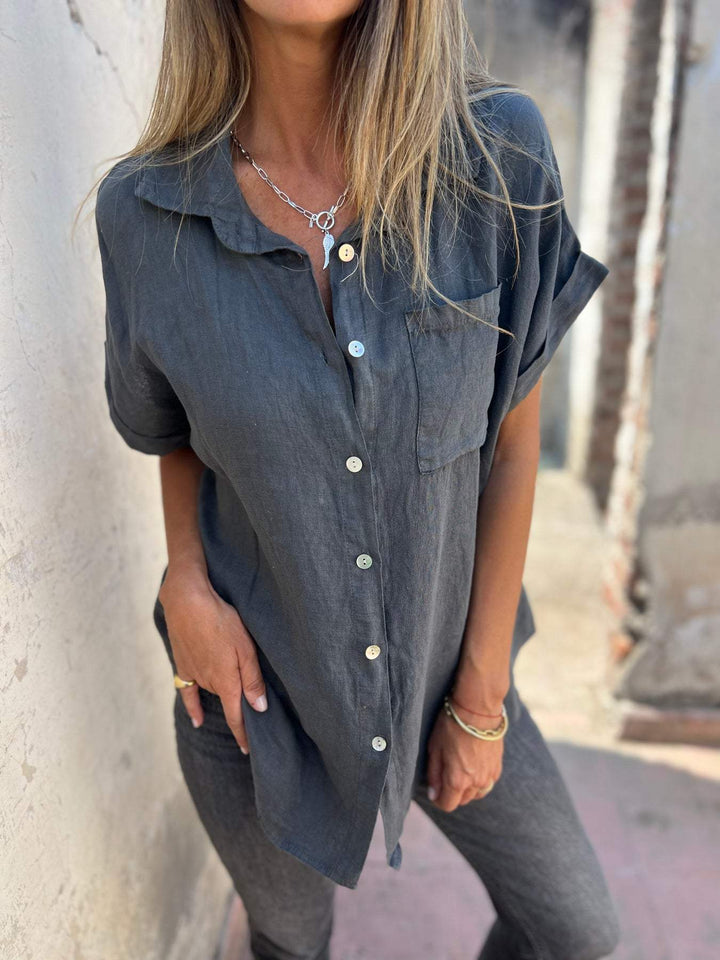 Camisa casual de algodão e linho com lapela