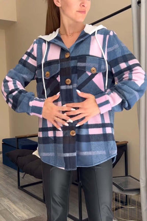 Camisa feminina casual com capuz e estampa xadrez