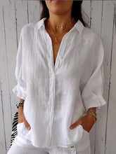 Camisa casual feminina de algodão e linho de cor sólida