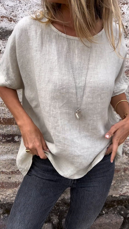 Blusa de Algodão e Linho com Gola Redonda e Mangas Curtas de Cor Sólida