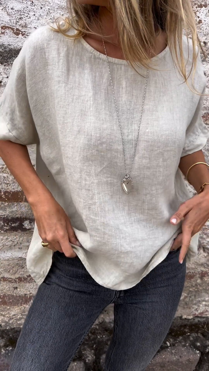 Blusa de Algodão e Linho com Gola Redonda e Mangas Curtas de Cor Sólida