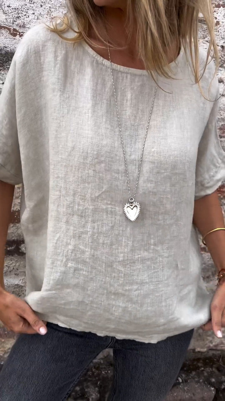 Blusa de Algodão e Linho com Gola Redonda e Mangas Curtas de Cor Sólida