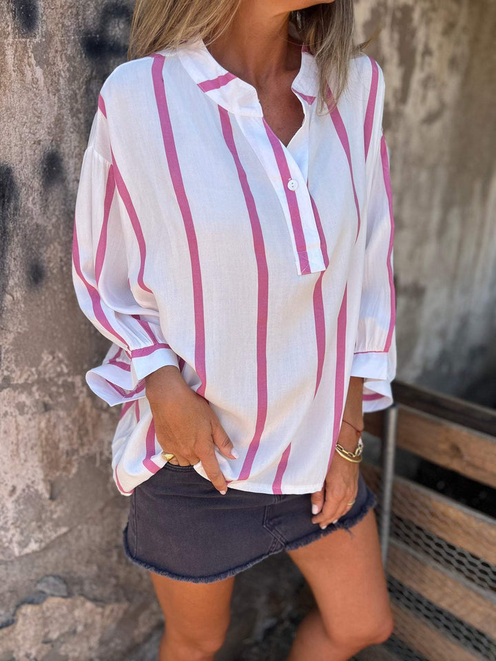 Camisa de algodão e linho listrada com meia gola