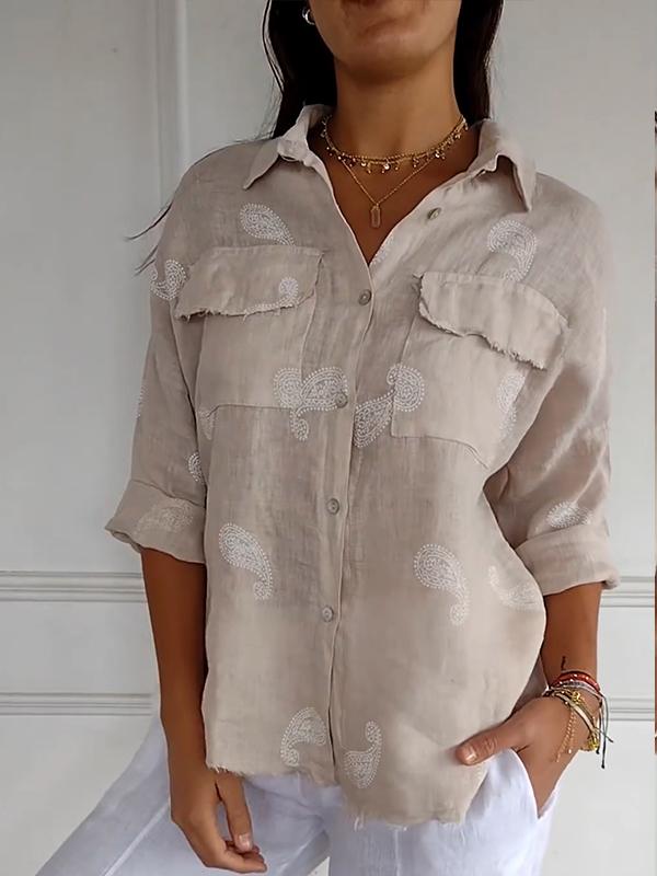 Camisa com Lapela e Mangas 3/4 de Algodão e Linho