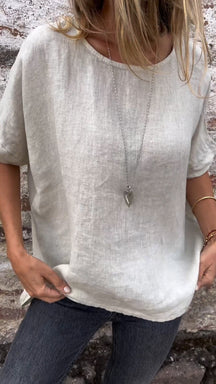 Camiseta de Algodão e Linho com Gola Redonda
