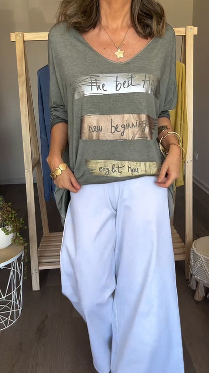 Camiseta Longa com Estampa e Decote em V