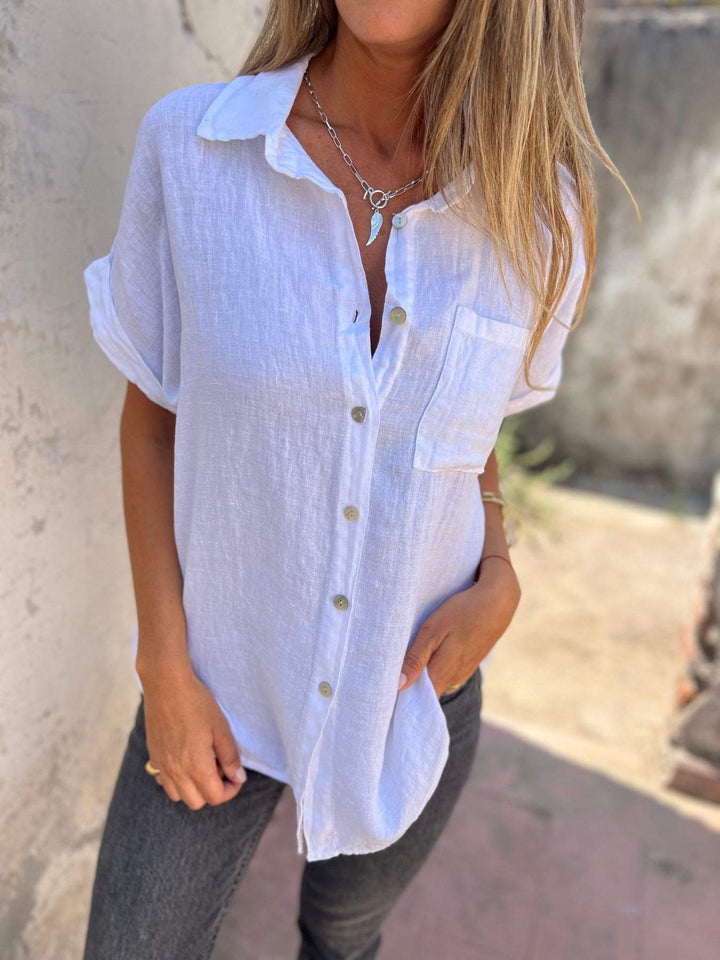 Camisa casual de algodão e linho com lapela