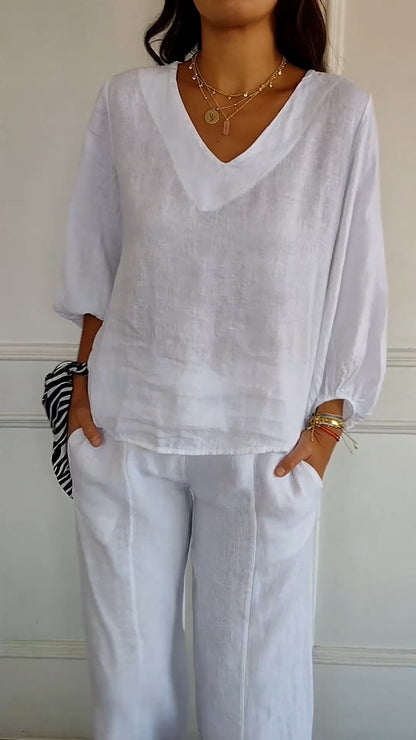 Camisa de Algodão e Linho com Mangas Bufantes