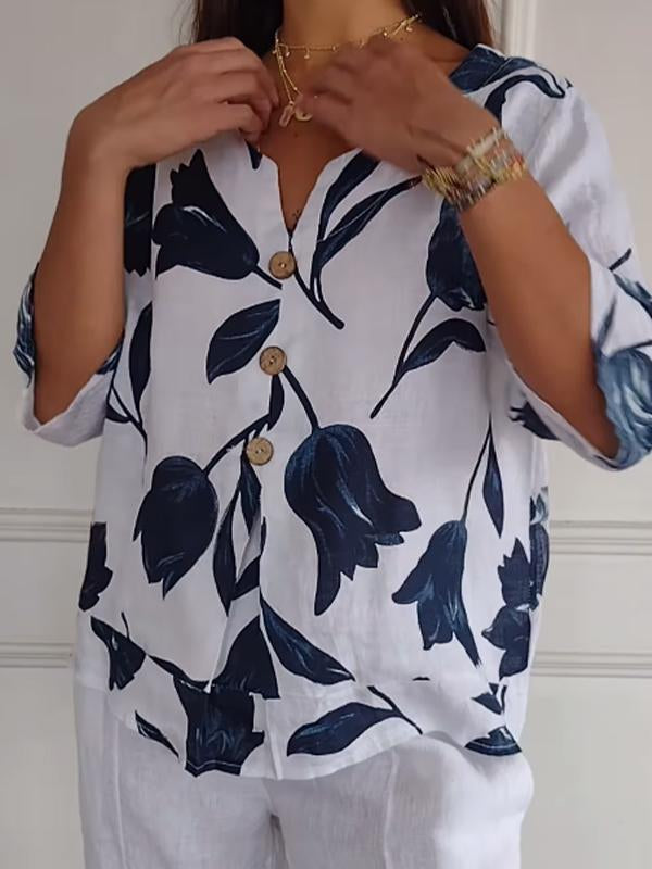 Camisa casual feminina de algodão e linho com estampa