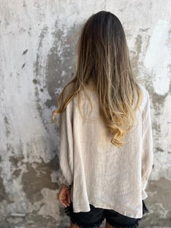 Camisa de Algodão e Linho com Lapela de Cor Sólida