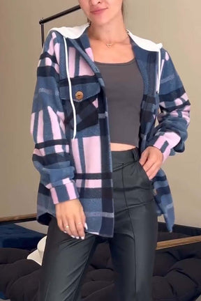 Camisa feminina casual com capuz e estampa xadrez