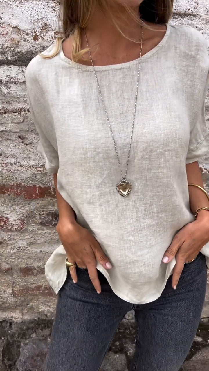 Blusa de Algodão e Linho com Gola Redonda e Mangas Curtas de Cor Sólida