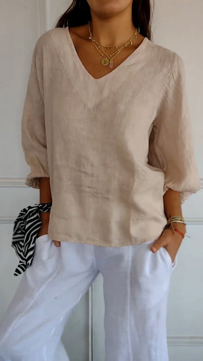 Camisa de Algodão e Linho com Mangas Bufantes