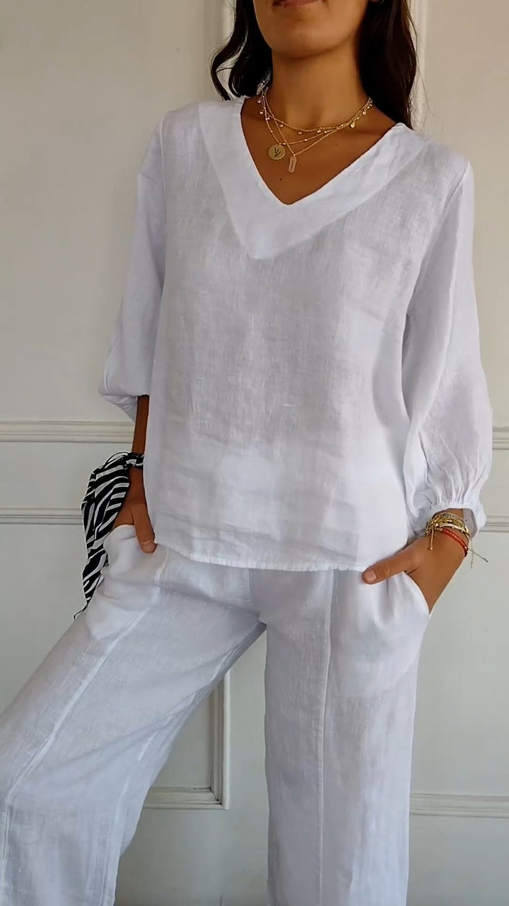 Camisa de Algodão e Linho com Mangas Bufantes