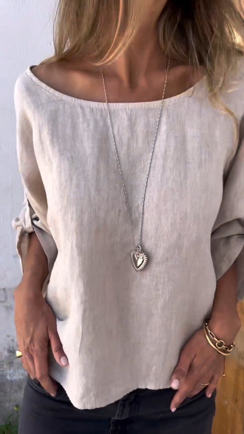 Camisa de Algodão e Linho com Gola Redonda e Mangas 3/4
