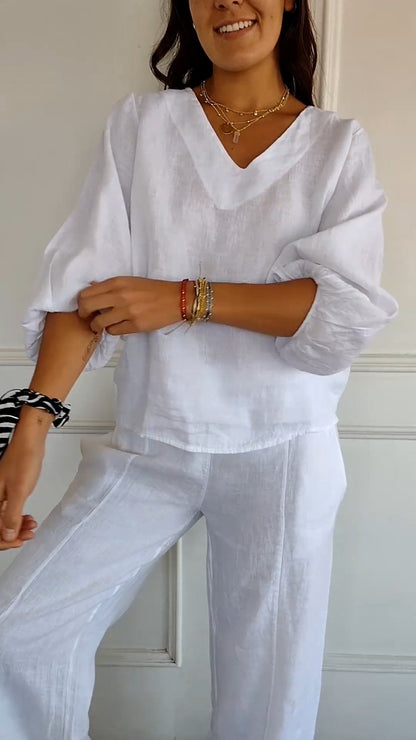 Camisa de Algodão e Linho com Mangas Bufantes