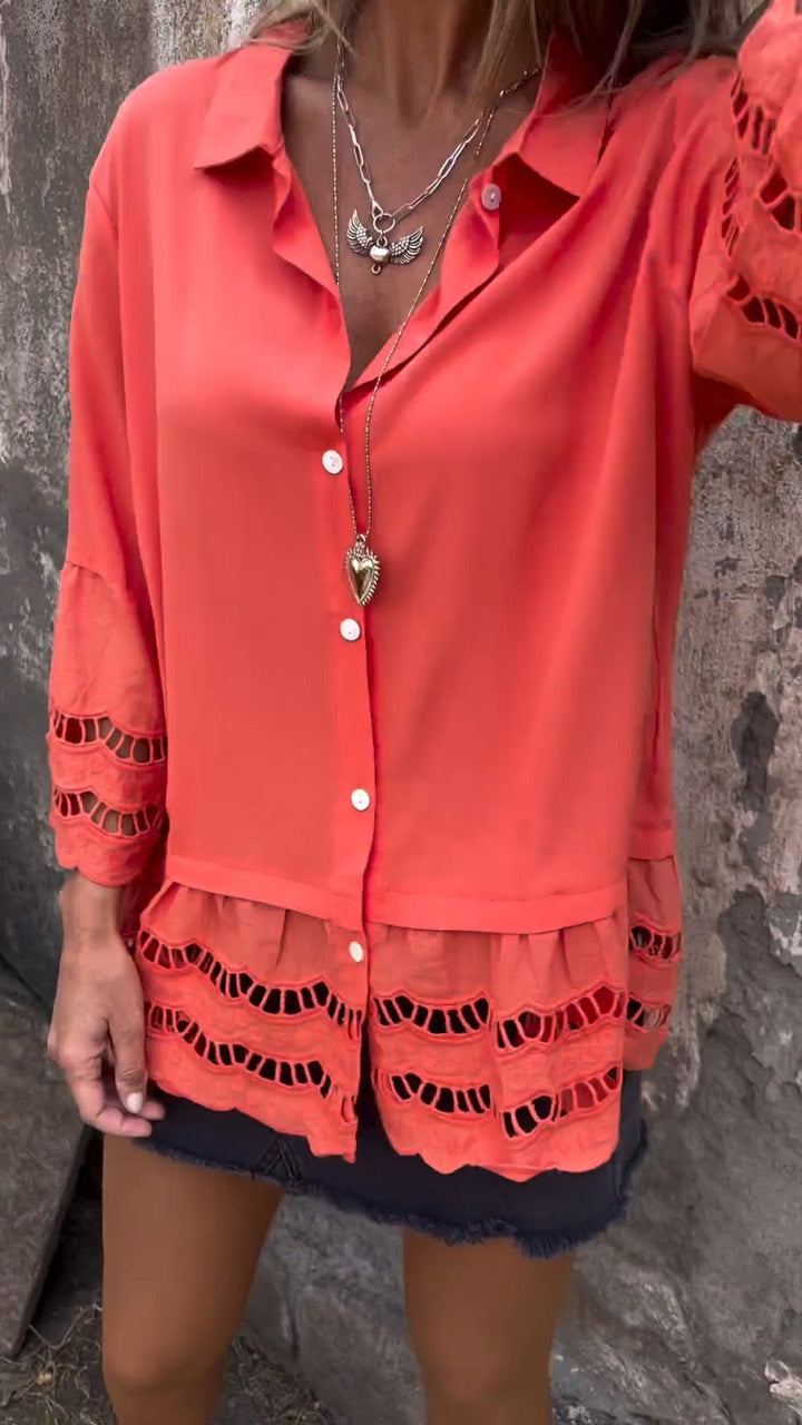 Camisa com Mangas 3/4 e Patchwork Vazado