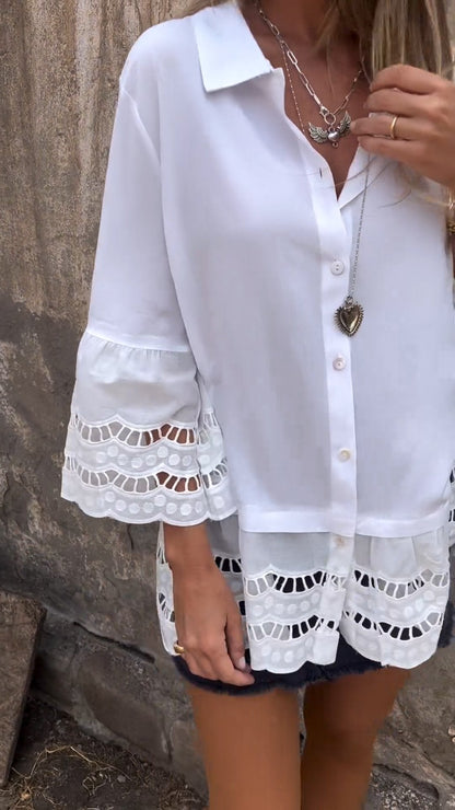Camisa com Mangas 3/4 e Patchwork Vazado