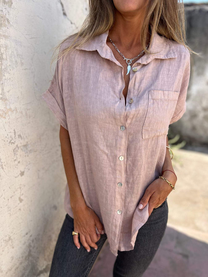 Camisa casual de algodão e linho com lapela