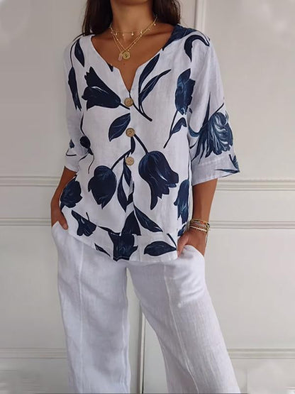 Camisa casual feminina de algodão e linho com estampa
