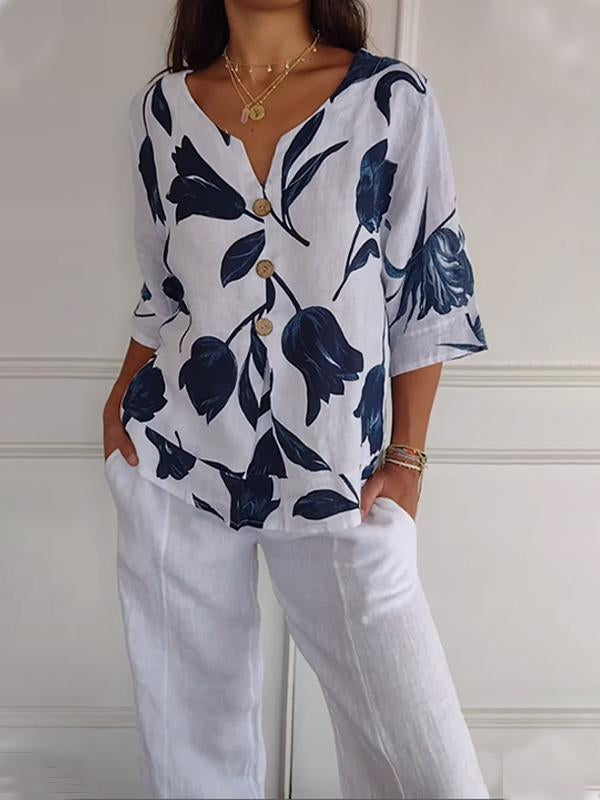 Camisa casual feminina de algodão e linho com estampa