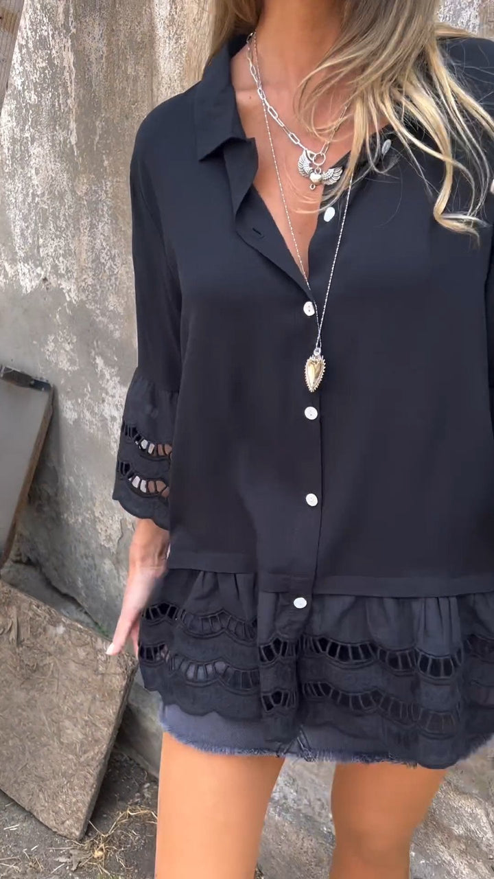 Camisa com Mangas 3/4 e Patchwork Vazado