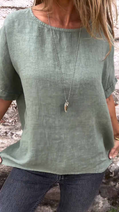 Blusa de Algodão e Linho com Gola Redonda e Mangas Curtas de Cor Sólida
