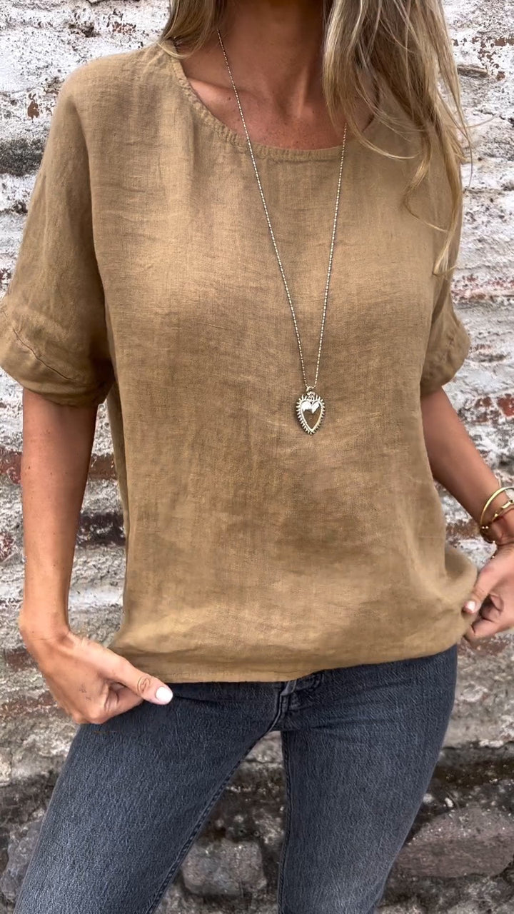 Blusa de Algodão e Linho com Gola Redonda e Mangas Curtas de Cor Sólida