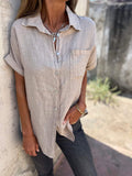 Camisa casual de algodão e linho com lapela