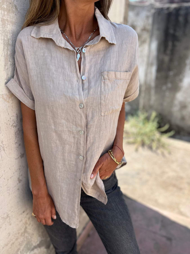 Camisa casual de algodão e linho com lapela