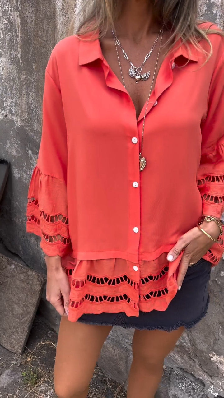 Camisa com Mangas 3/4 e Patchwork Vazado