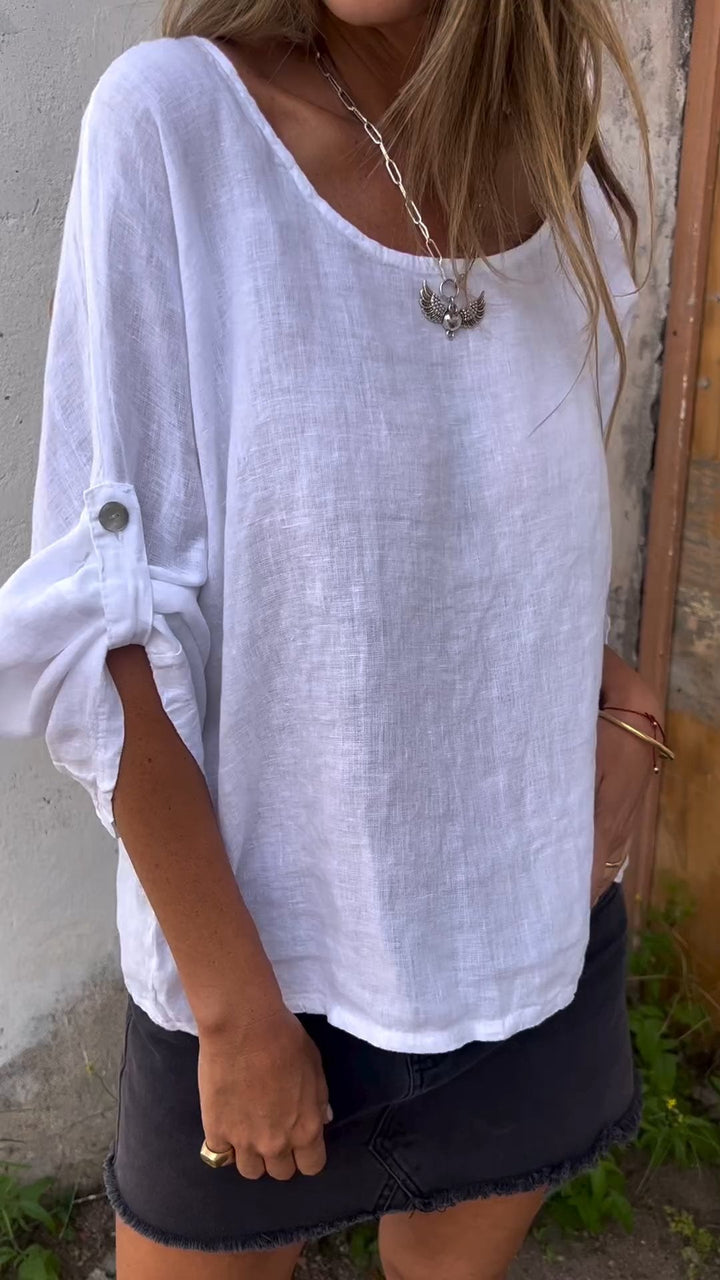 Camisa de Algodão e Linho com Gola Redonda e Mangas 3/4