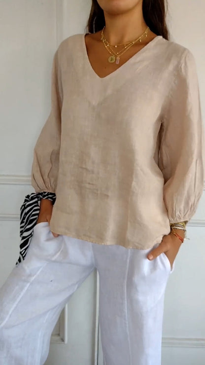 Camisa de Algodão e Linho com Mangas Bufantes