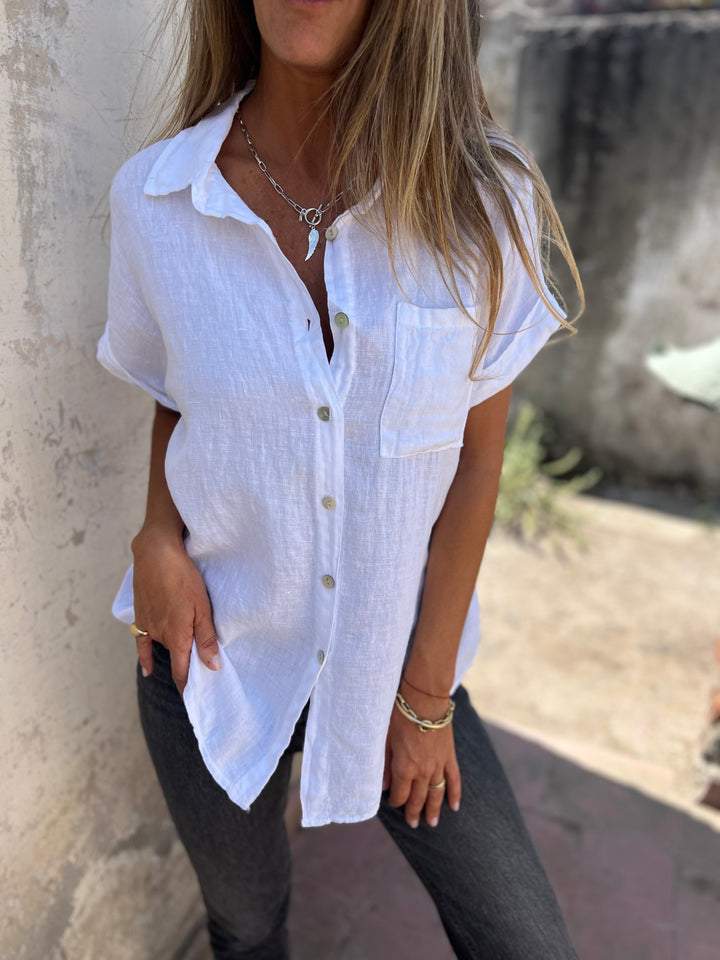 Camisa casual de algodão e linho com lapela