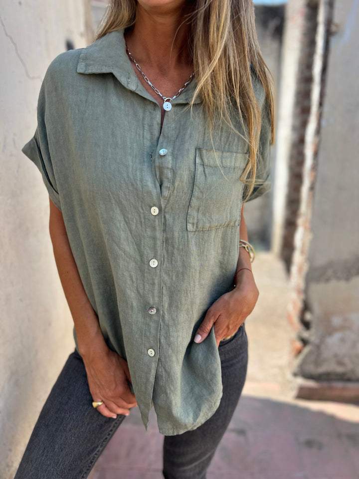 Camisa casual de algodão e linho com lapela