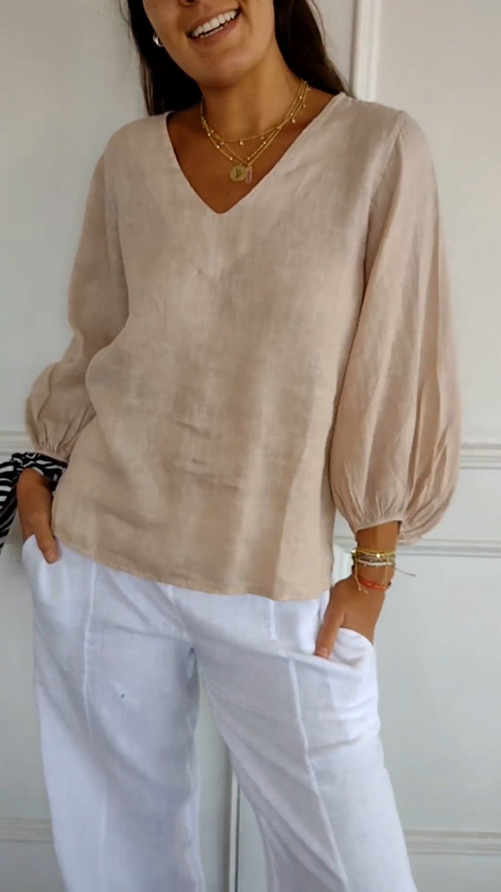 Camisa de Algodão e Linho com Mangas Bufantes