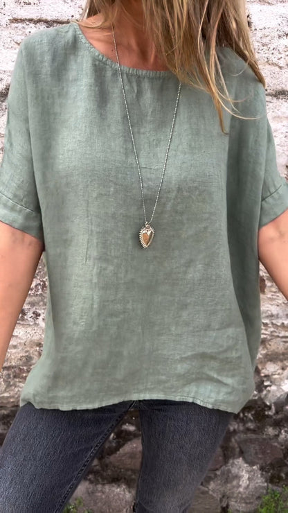 Blusa de Algodão e Linho com Gola Redonda e Mangas Curtas de Cor Sólida