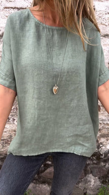 Blusa de Algodão e Linho com Gola Redonda e Mangas Curtas de Cor Sólida