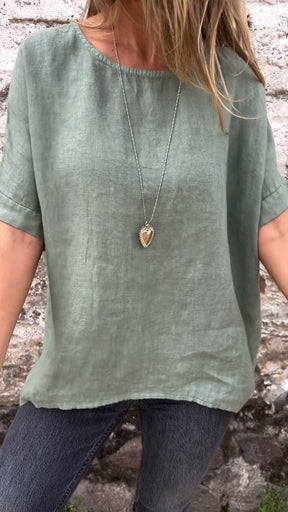 Blusa de Algodão e Linho com Gola Redonda e Mangas Curtas de Cor Sólida