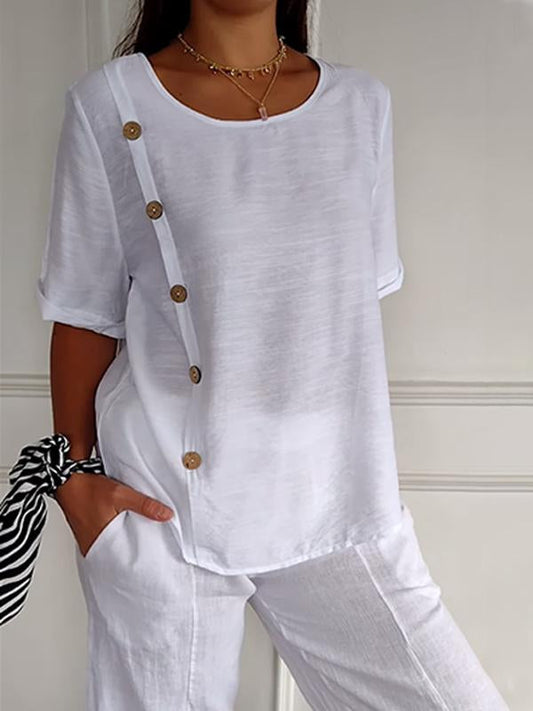 Camisa casual feminina de algodão e linho com design de botões