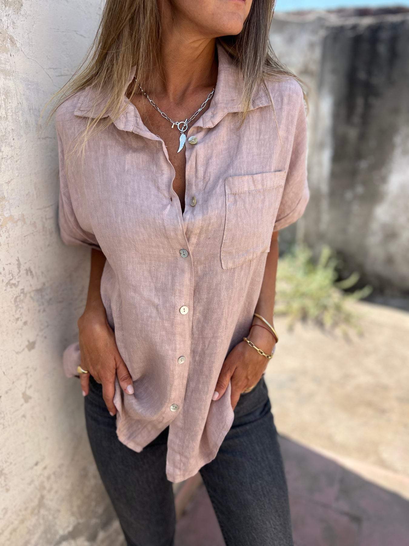 Camisa casual de algodão e linho com lapela - 6