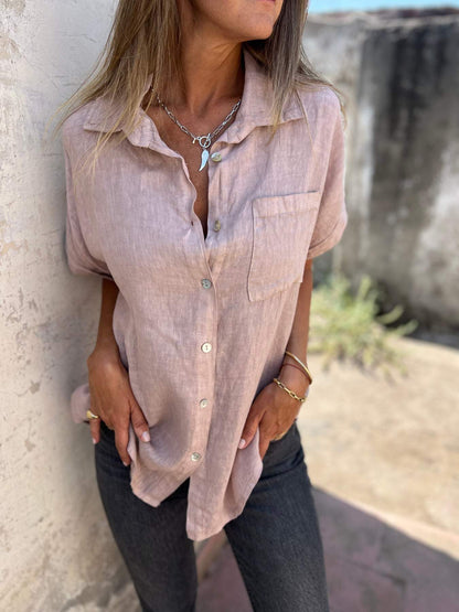 Camisa casual de algodão e linho com lapela - 6