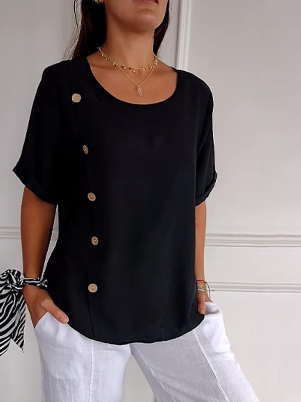 Camisa casual feminina de algodão e linho com design de botões