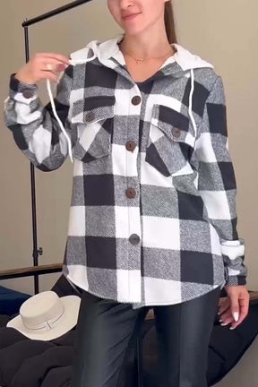 Camisa feminina casual com capuz e estampa xadrez