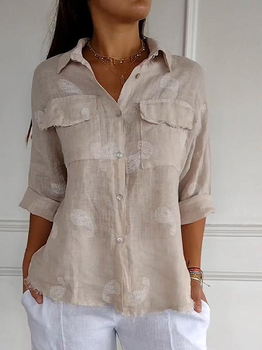 Camisa com Lapela e Mangas 3/4 de Algodão e Linho