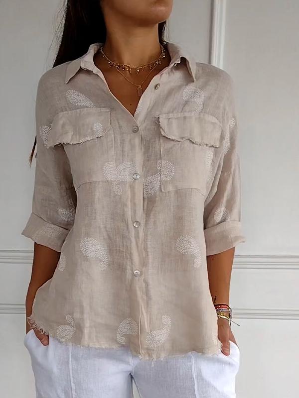 Camisa com Lapela e Mangas 3/4 de Algodão e Linho