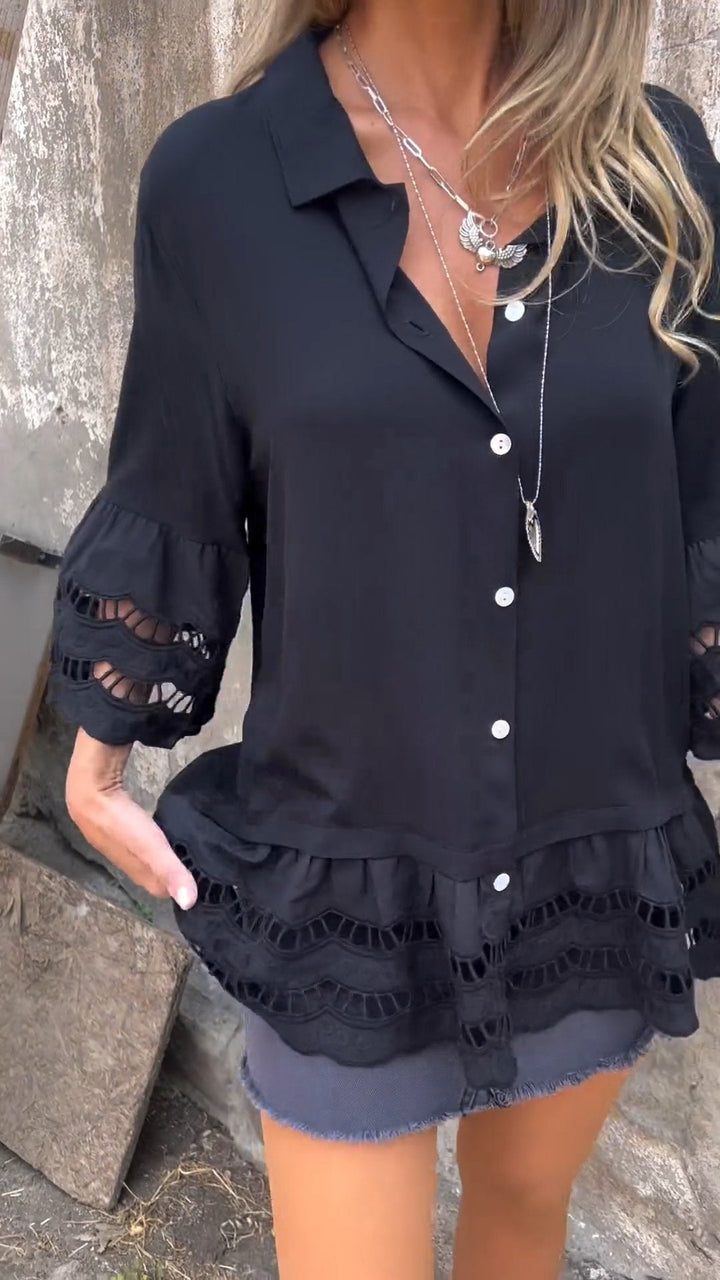 Camisa com Mangas 3/4 e Patchwork Vazado